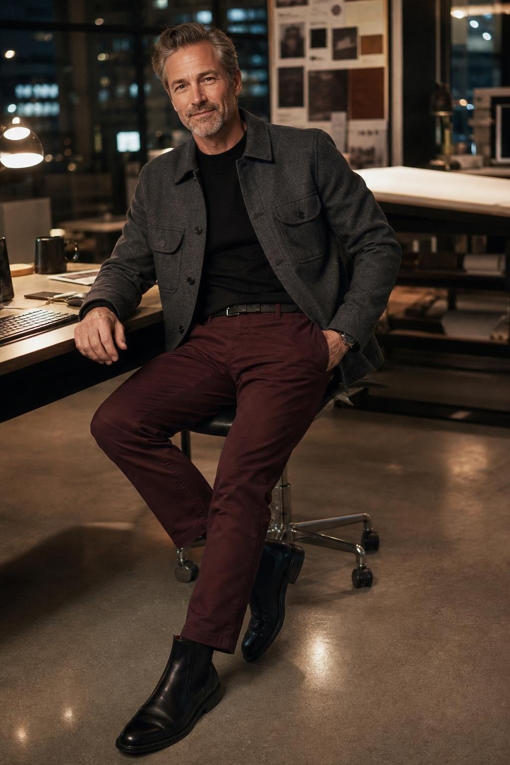 Graphite overshirt, merlot chinos, black merino crewneck, black Chelsea boots, after-hours office workspace (option 1)