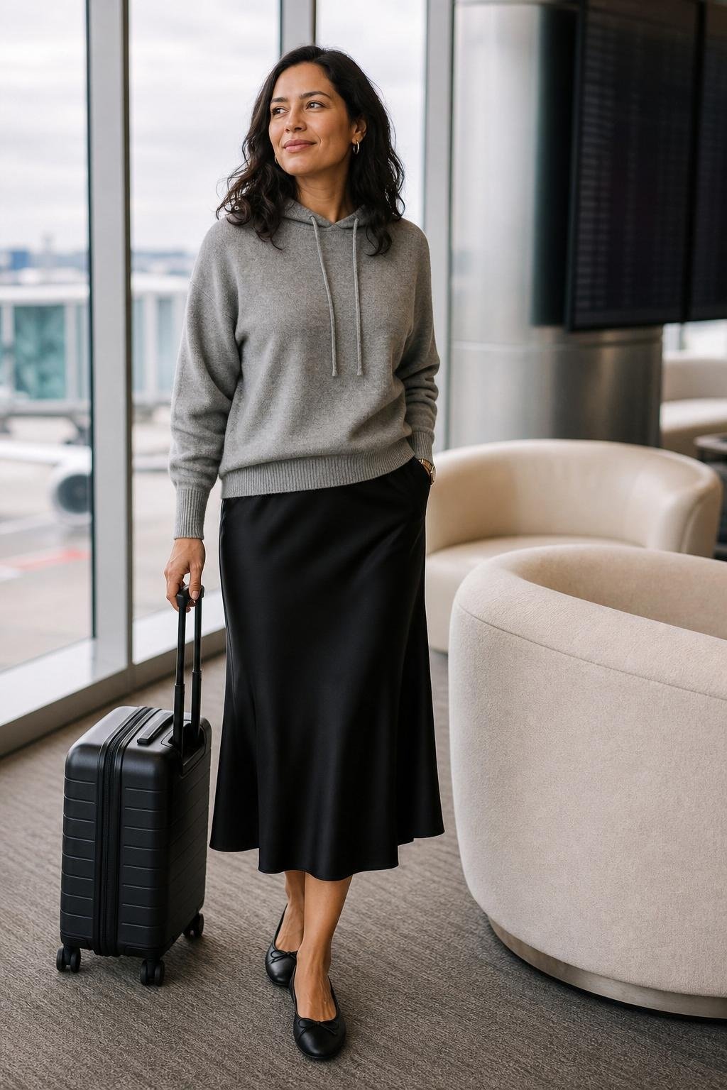 gray cashmere hoodie, black satin midi skirt, black flats, airport lounge travel mood (option 2)