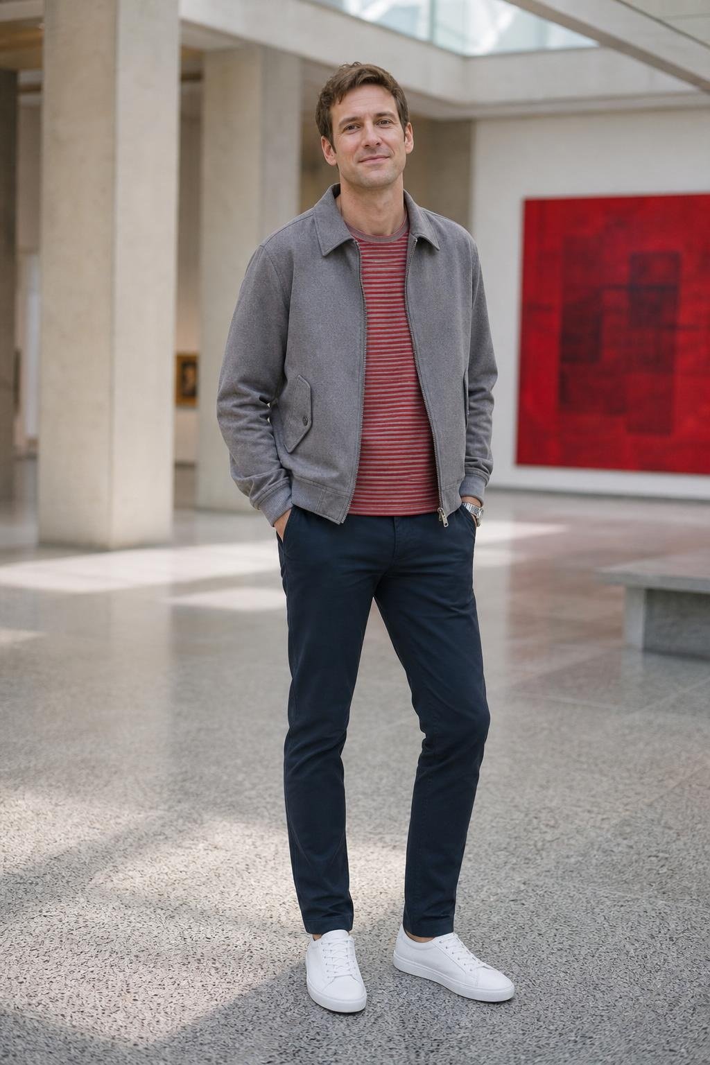 Gray Harrington jacket, red striped tee, navy chinos, white canvas sneakers, casual weekend museum visit (option 2)