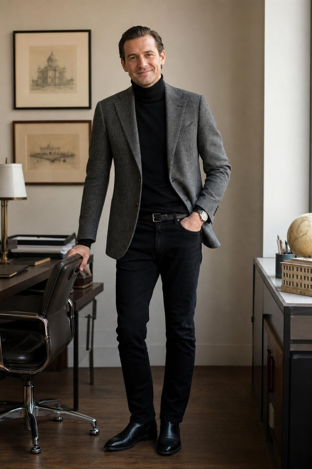 Gray herringbone blazer, black jeans, black turtleneck, leather boots in a downtown office (option 1)
