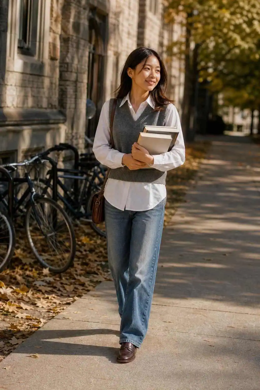 Gray sweater vest, crisp white button-down, relaxed blue jeans, burgundy loafers on a college-town sidewalk (option 2)