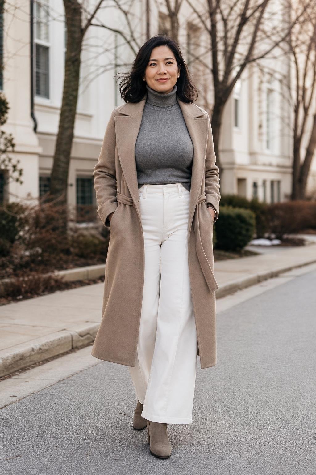 Gray turtleneck sweater, white wide-leg jeans, taupe ankle boots, wool coat, quiet winter neighborhood walk (option 1)