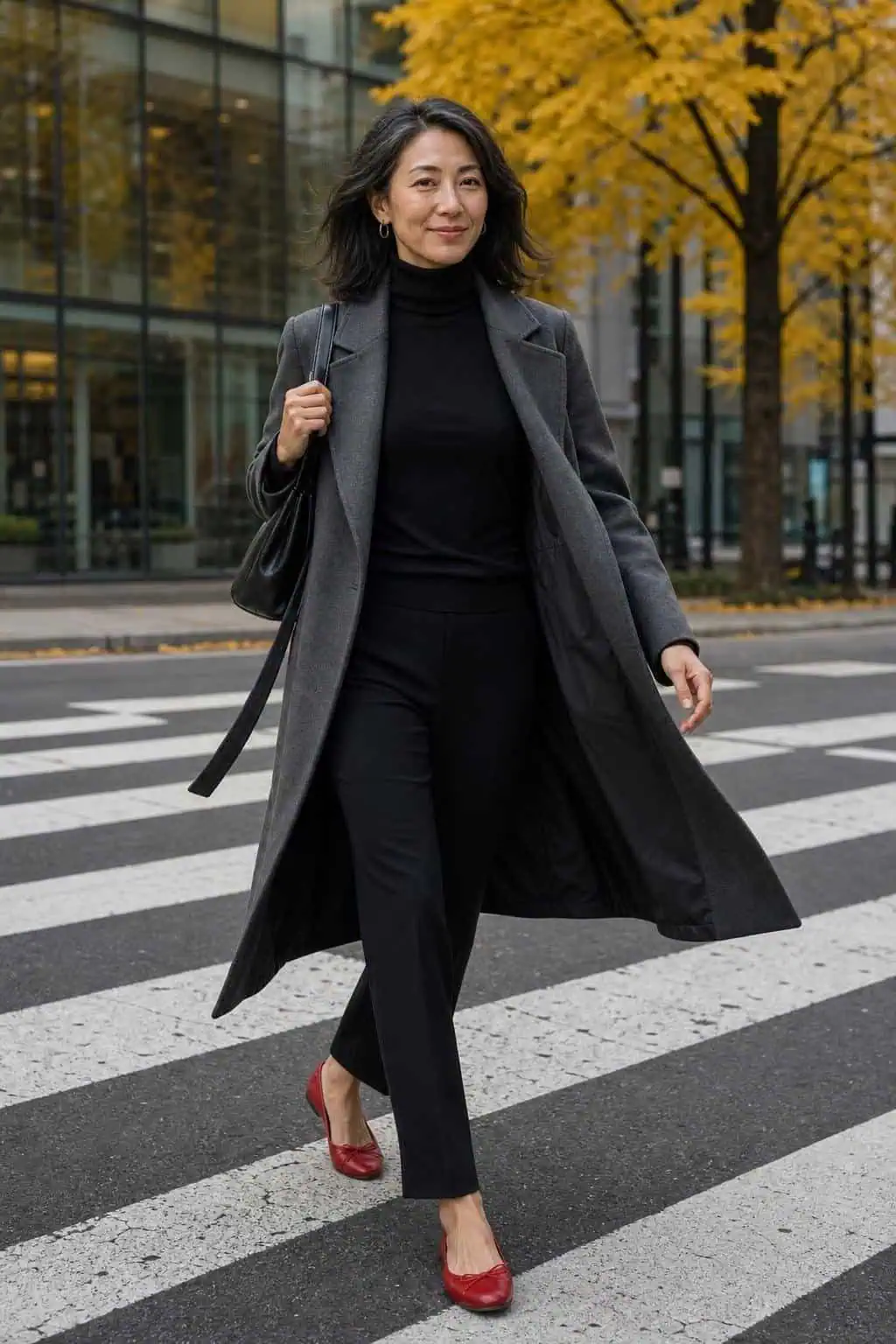 Gray wool coat over black turtleneck and black trousers, red ballet flats, city crosswalk in fall (option 1)