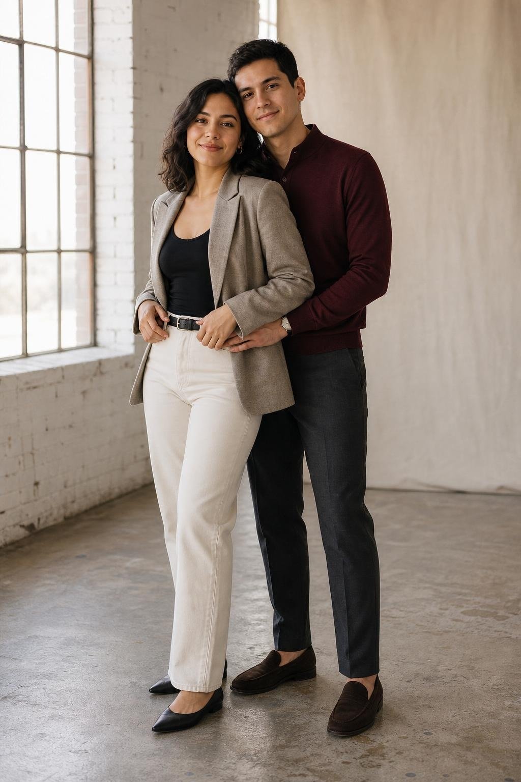 Greige blazer with ecru straight jeans and black tank in a bright loft studio (option 2)