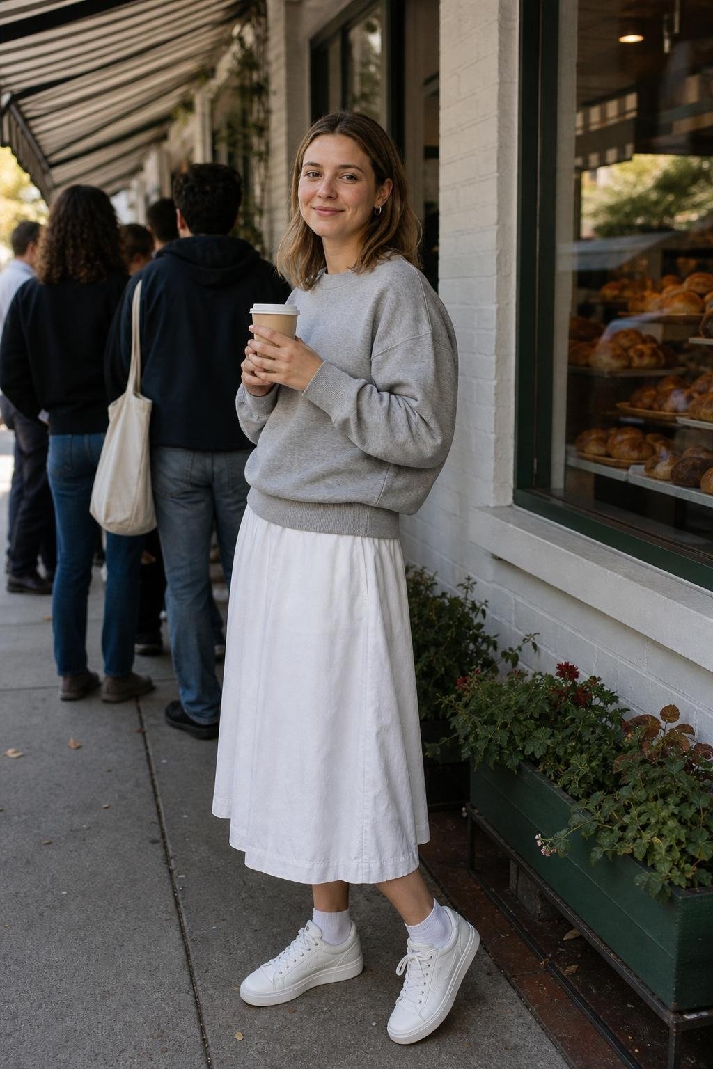 Grey crewneck sweatshirt, white poplin midi skirt, white sneakers, relaxed weekend bakery line (option 2)