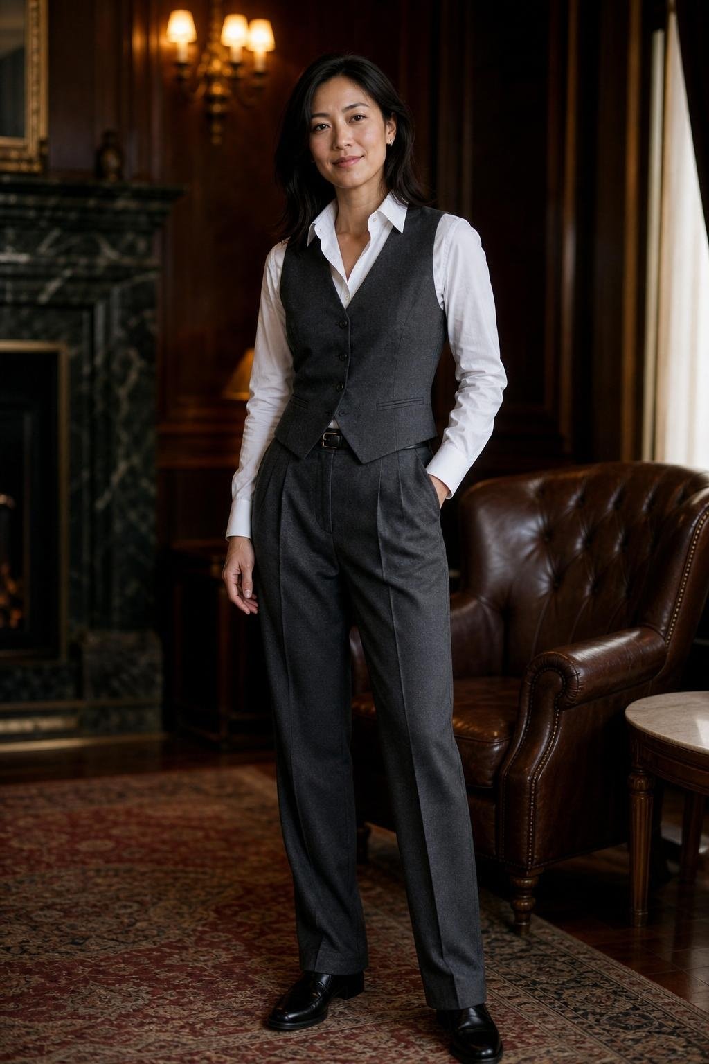 Grey waistcoat, matching tailored trousers, white shirt, loafers, quiet hotel lobby with dark wood (option 2)