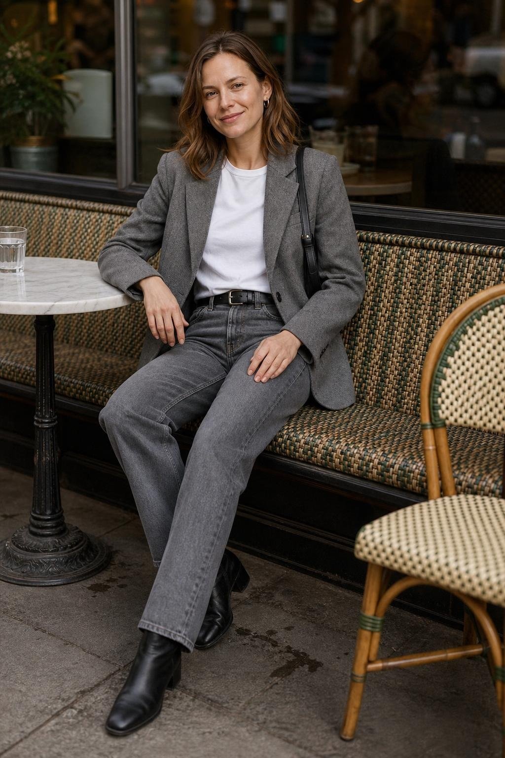 Grey wool blazer, grey straight jeans, white tee, black ankle boots, urban café window seat (option 2)