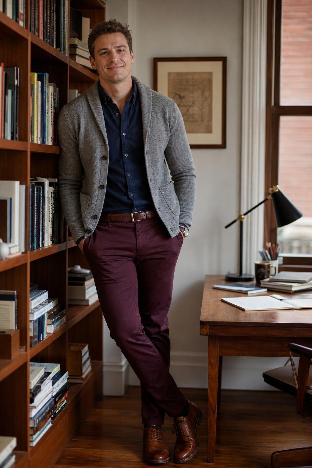Heather gray cardigan jacket, burgundy chinos, navy shirt, brown derbies in a casual office corner (option 1)