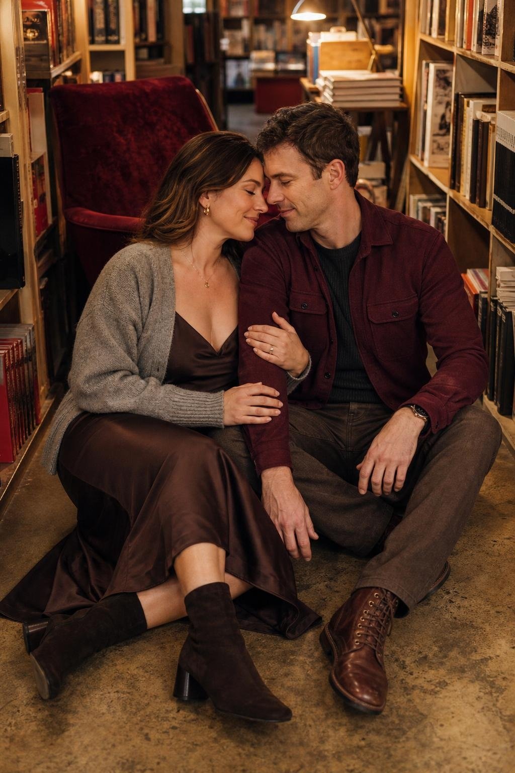 Heather gray cardigan over chocolate slip dress with ankle boots in a cozy bookstore nook (option 2)