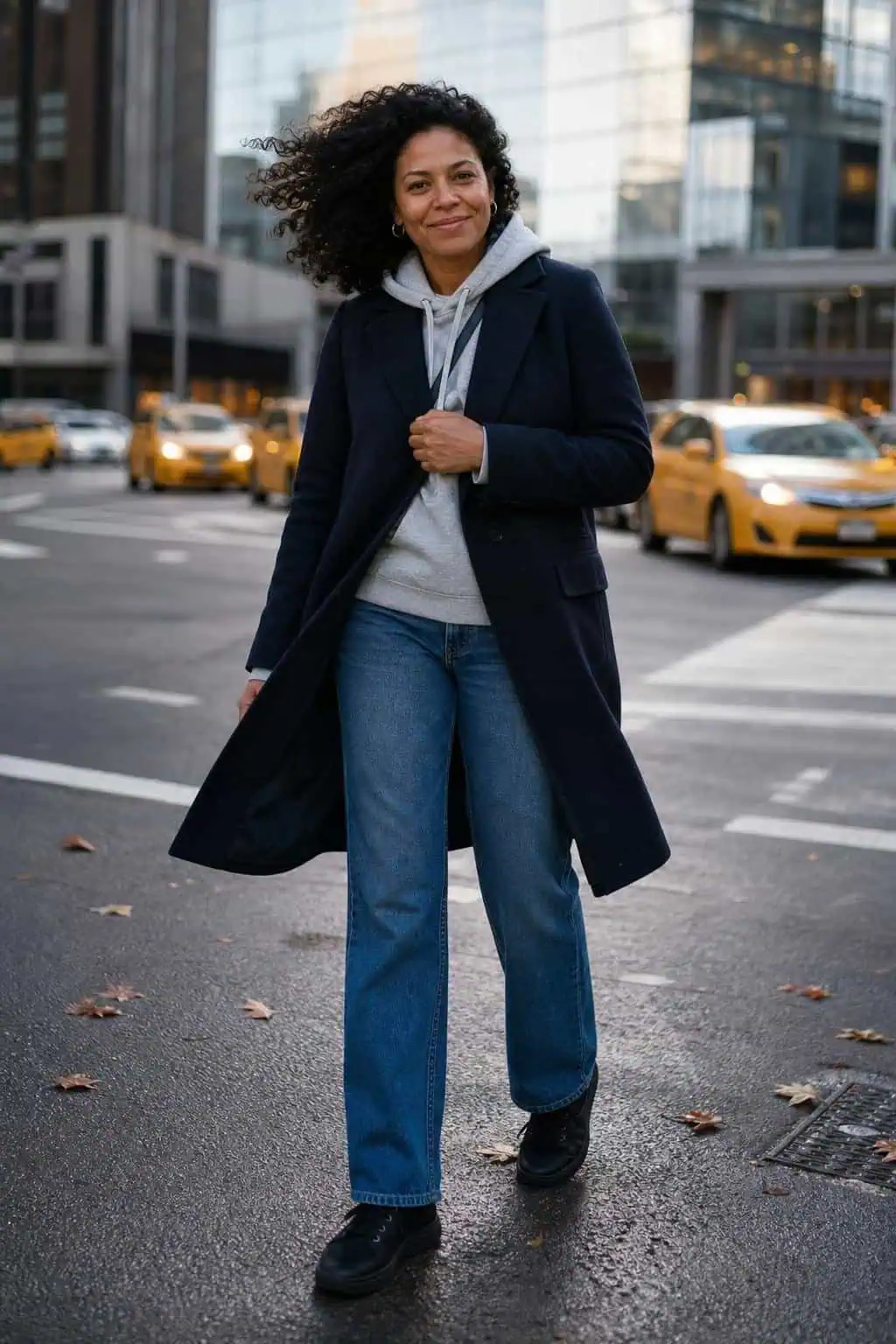 Heather gray hoodie under navy wool coat, straight jeans, black sneakers on a windy downtown street (option 2)