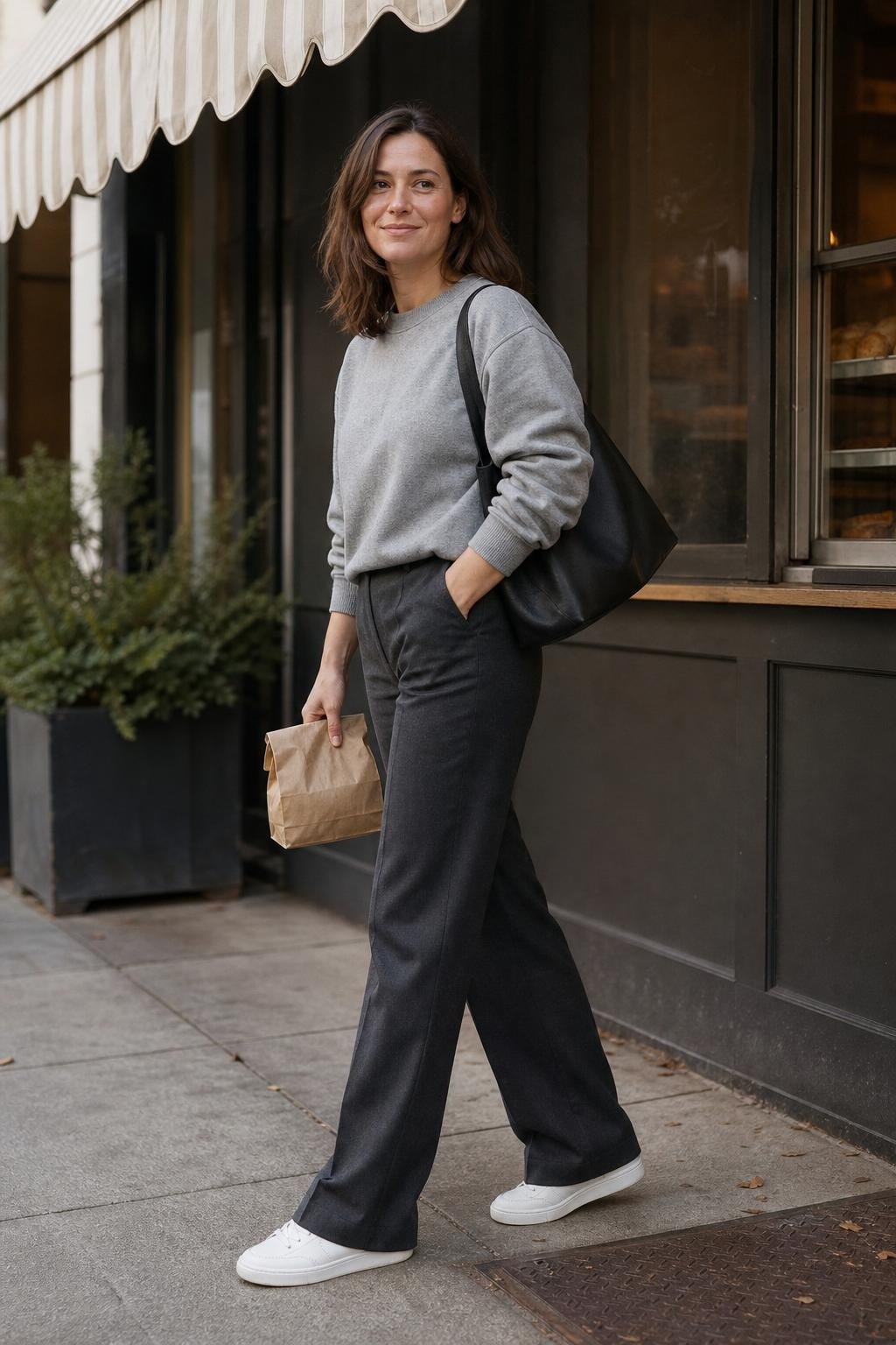 heather gray sweatshirt, charcoal tailored trousers, white sneakers, black tote, neighborhood bakery stop (option 2)