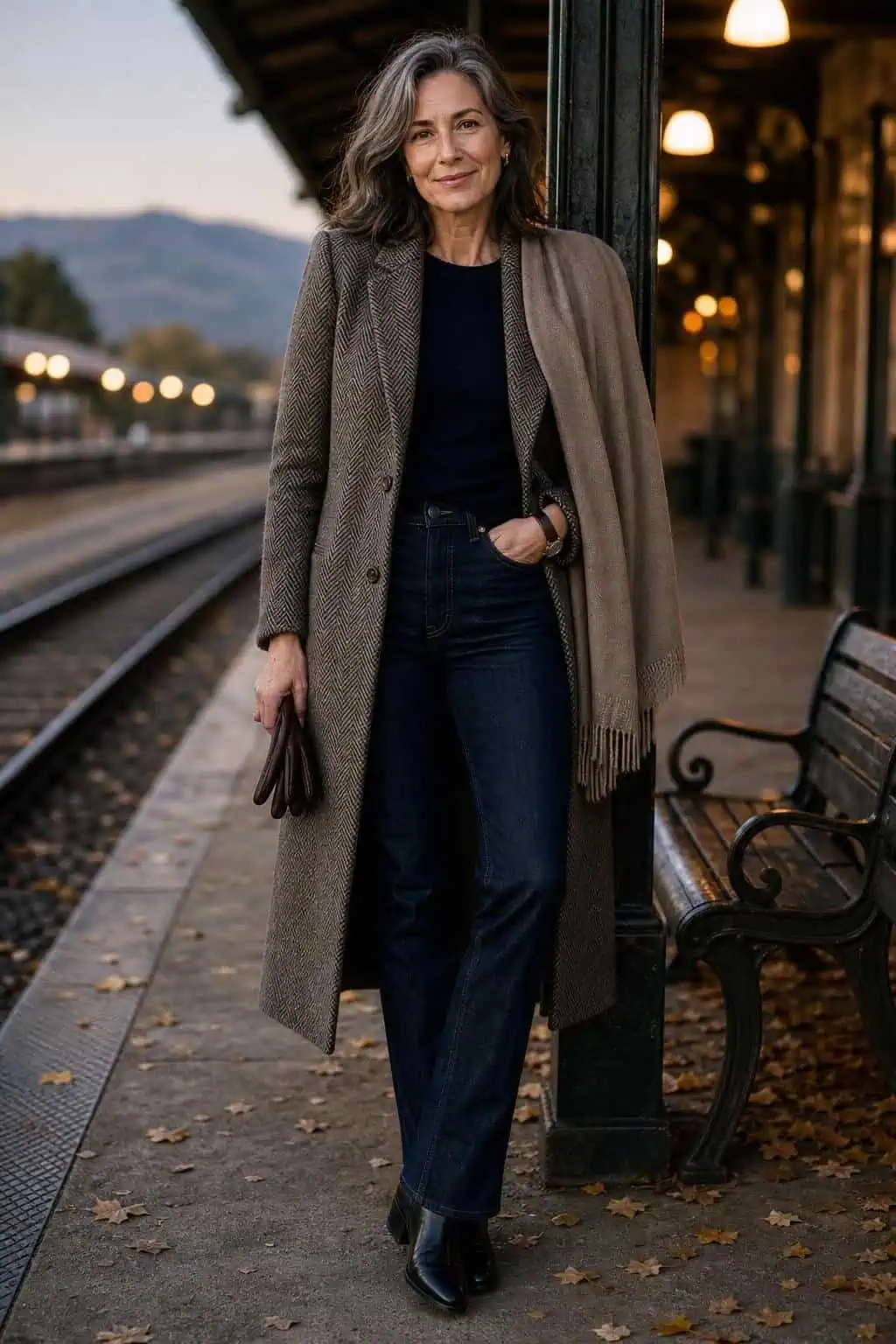 Herringbone coat over dark denim, navy sweater, cashmere wrap, leather gloves, train platform mood (option 2)