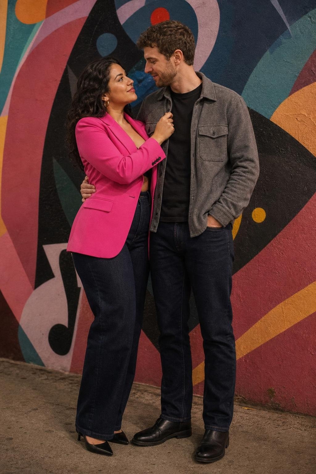 Hot pink blazer, dark straight-leg jeans, black heels, colorful mural date-night scene (option 1)