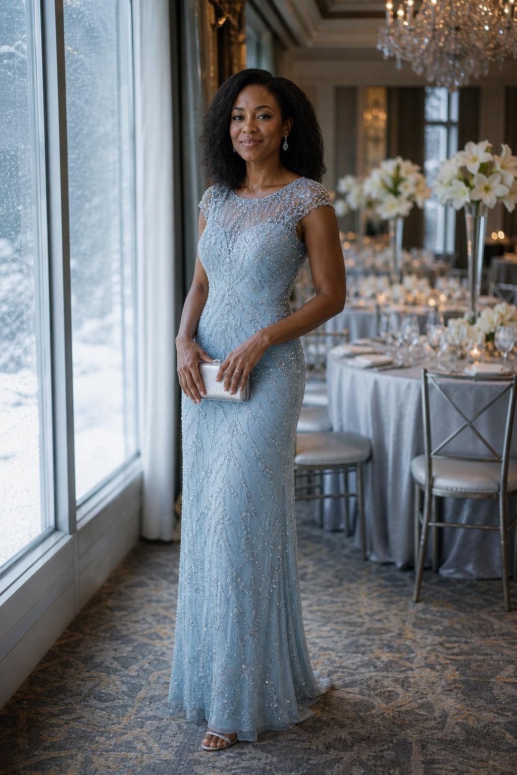 Ice blue beaded gown, silver sandals, satin minaudiere, winter hotel ballroom (option 1)