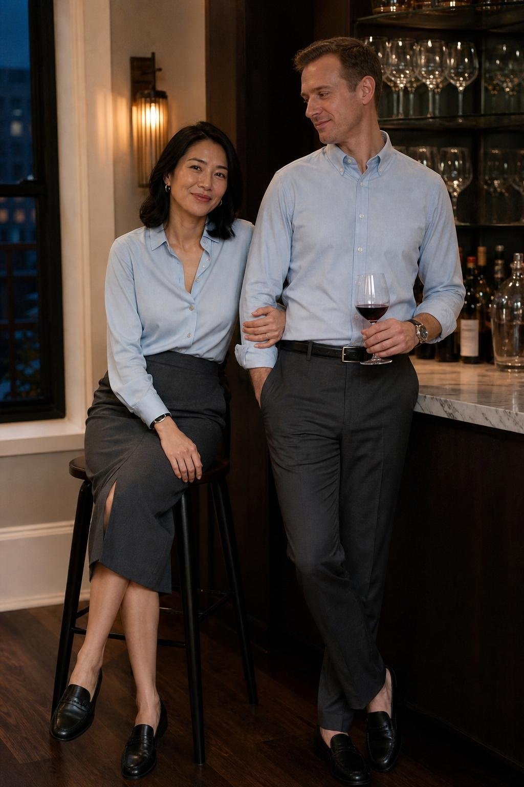 Ice blue button-down with graphite trousers, navy skirt, black loafers, after-work wine bar mood (option 2)
