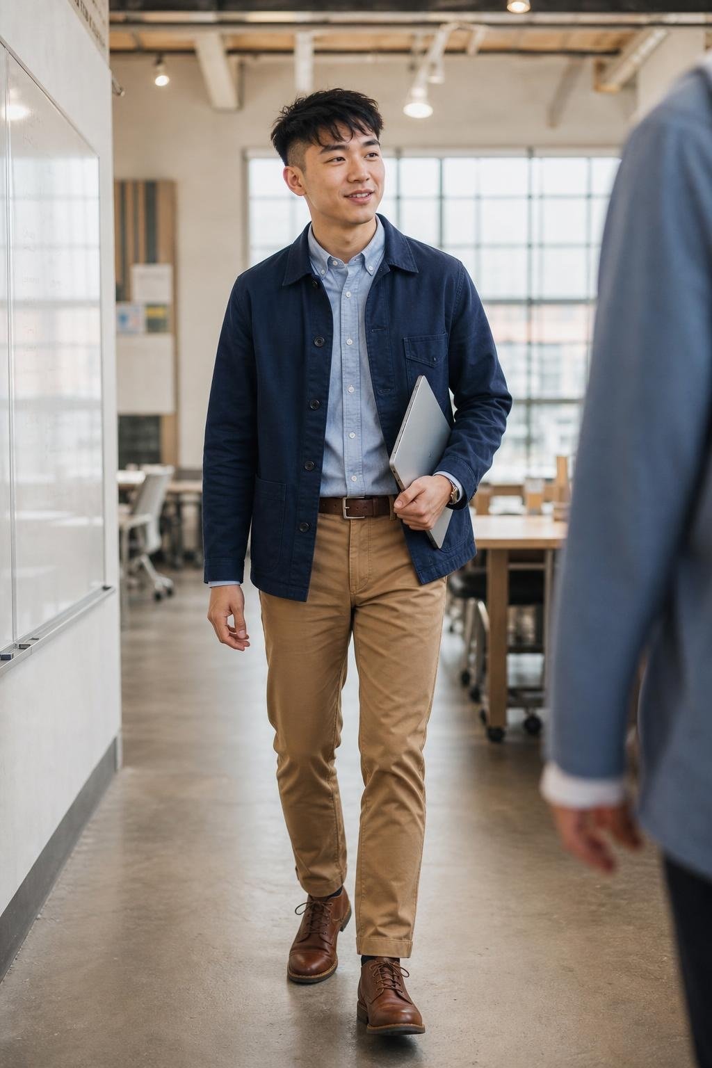 Indigo chore jacket, camel chinos, crisp blue shirt, brown boots in a casual design office (option 1)