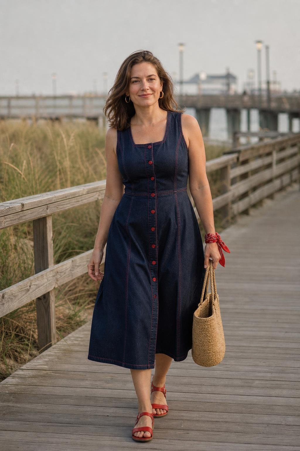 Indigo denim midi dress with red sandals on a casual boardwalk near the pier (option 1)