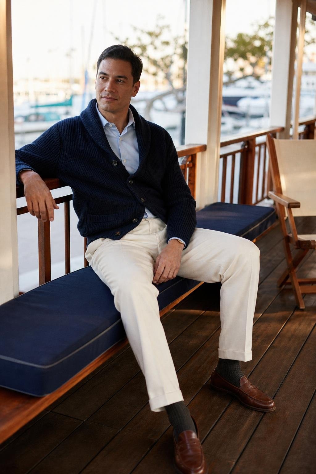 Indigo shawl-collar cardigan, cream wool trousers, pale blue shirt, brown loafers, relaxed yacht club veranda (option 2)