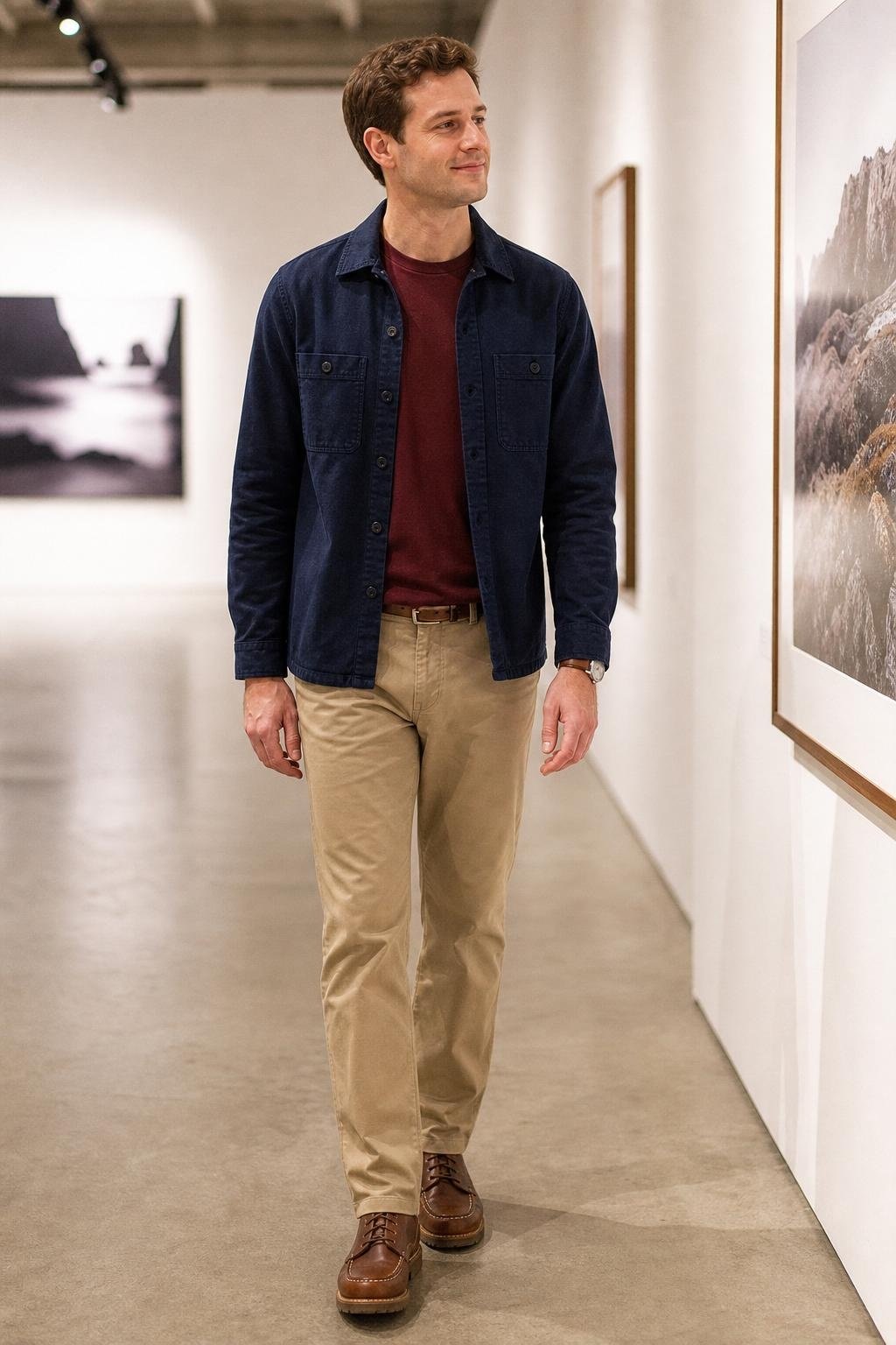 Indigo shirt jacket, burgundy tee, khaki straight-leg trousers, brown moc-toe boots, casual weekend gallery walk (option 2)