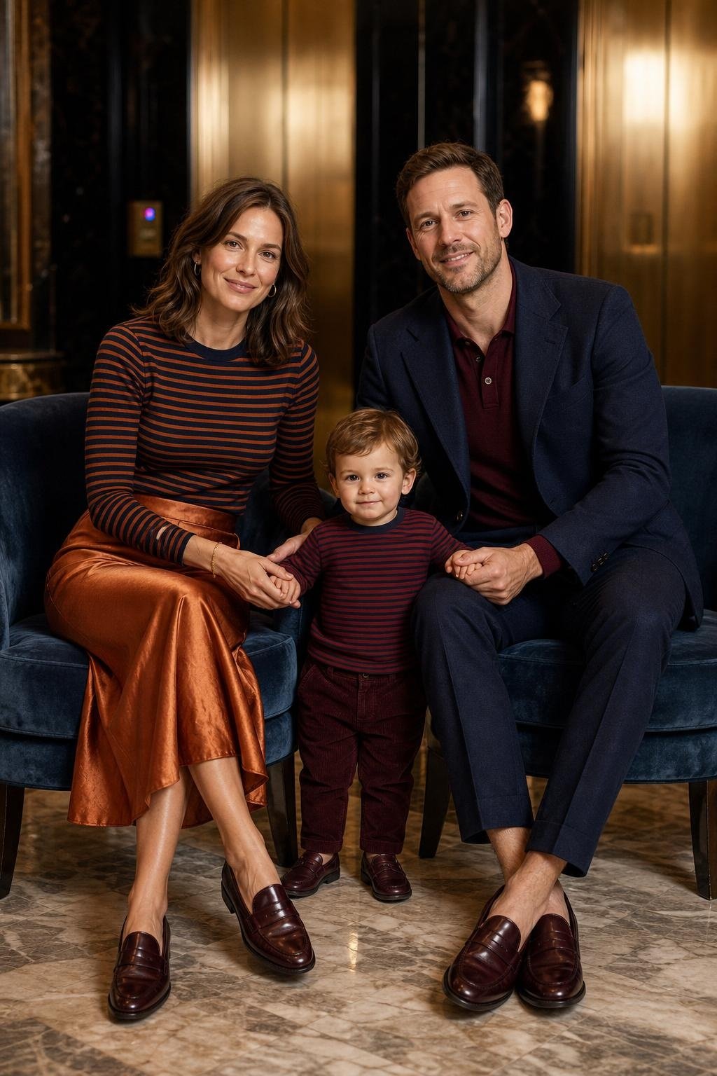 Ink blue blazer, copper midi skirt, striped knit top, burgundy loafers in an elegant hotel lobby (option 2)