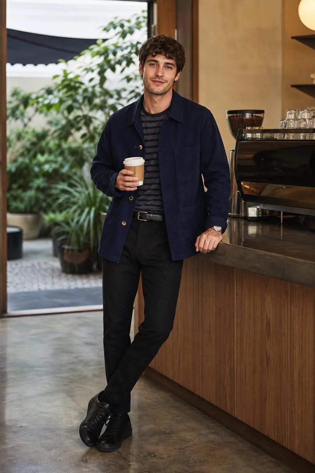 Ink blue chore jacket, black chinos, striped tee, black leather sneakers, creative office coffee corner (option 2)