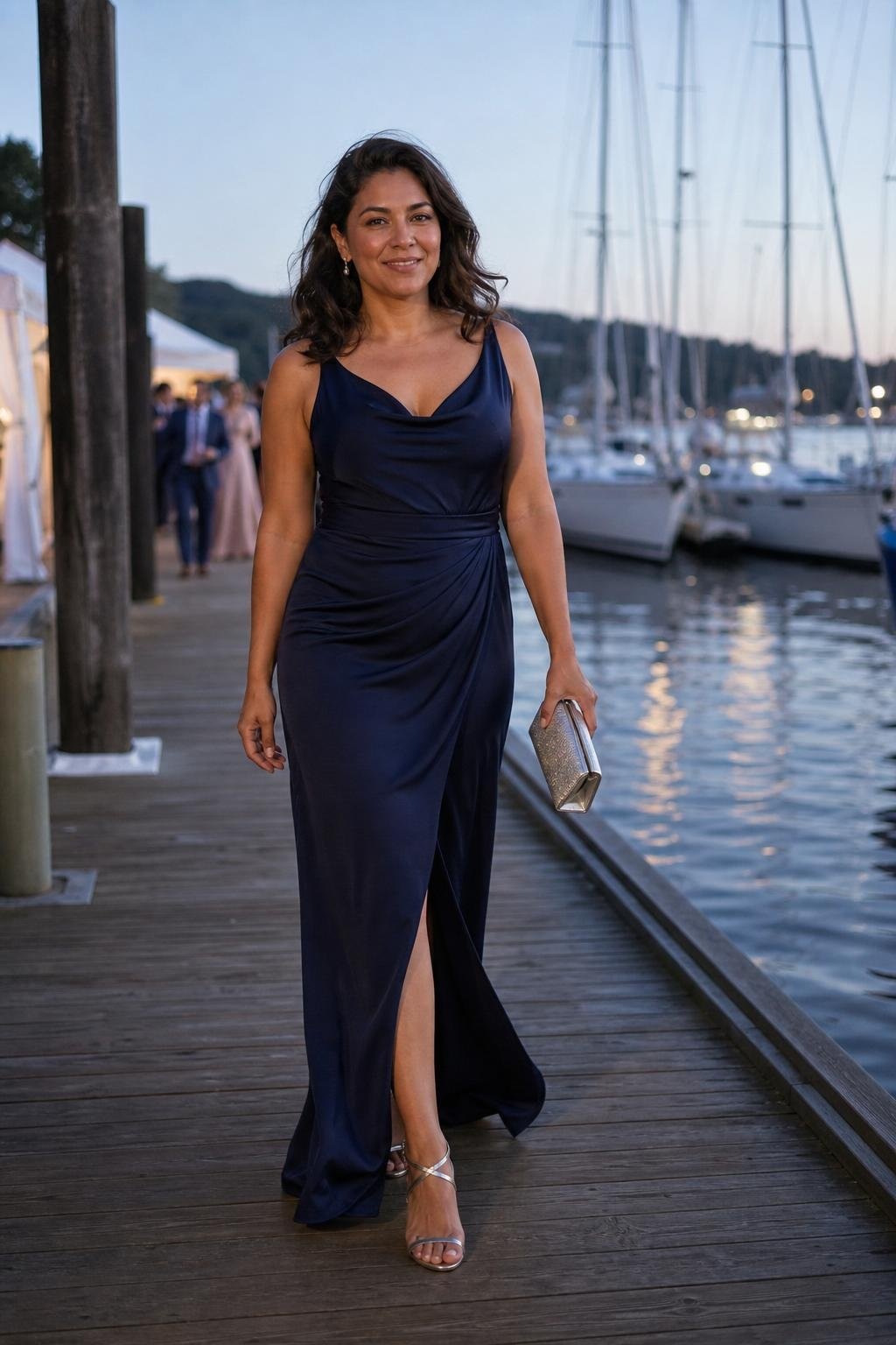 ink blue maxi dress with silver clutch at a formal evening waterfront wedding (option 2)