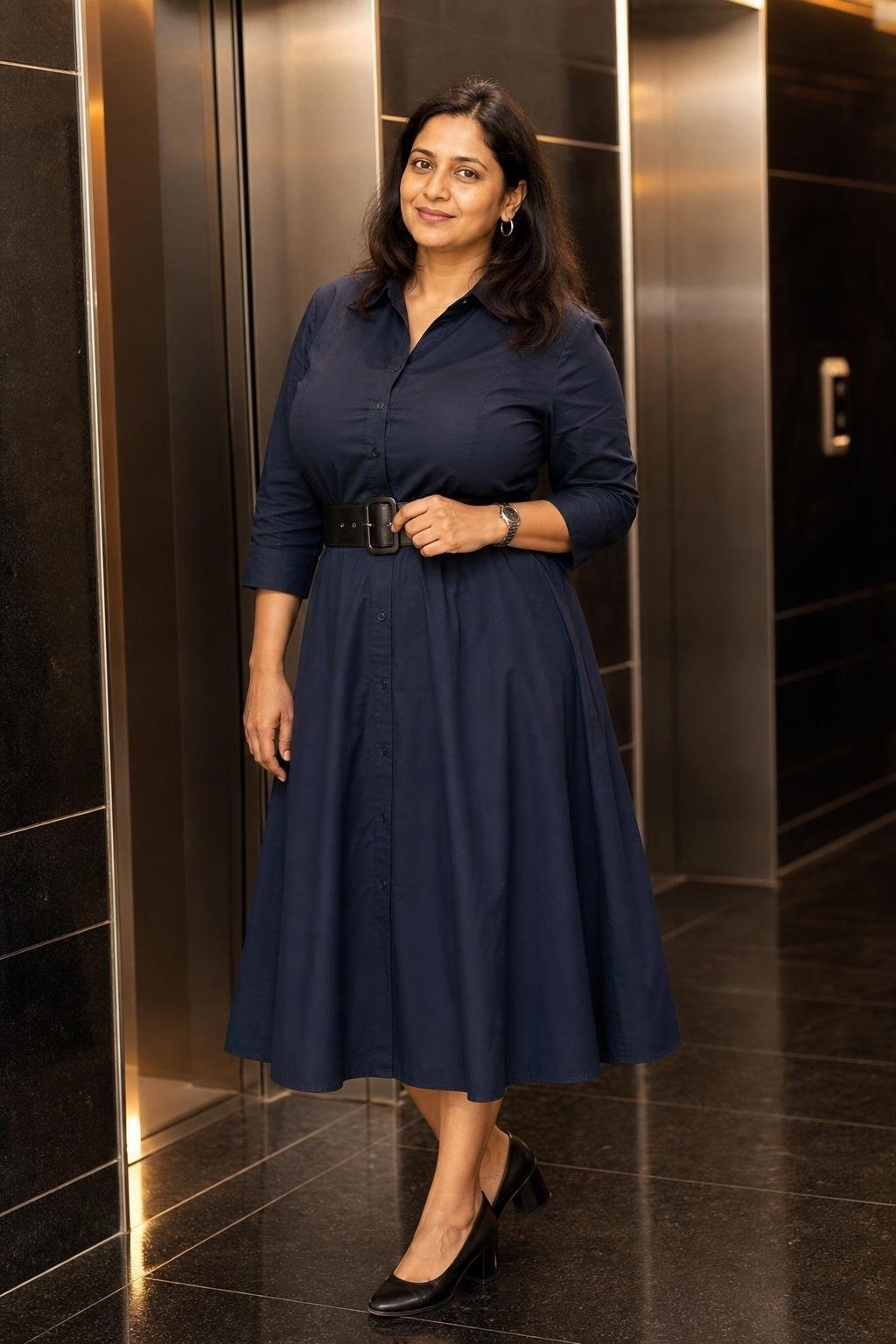 Ink blue shirtdress, black wide belt, block-heel pumps, sleek elevator bank (option 2)