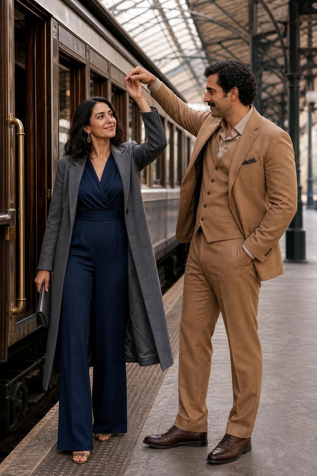 Ink blue wide-leg jumpsuit with long gray coat and heeled sandals at a train station (option 2)