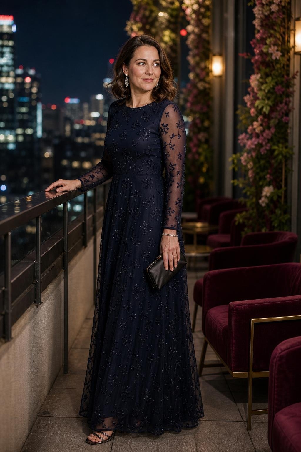 Ink navy maxi dress with sheer overlay, crystal earrings, sophisticated evening hotel wedding (option 2)