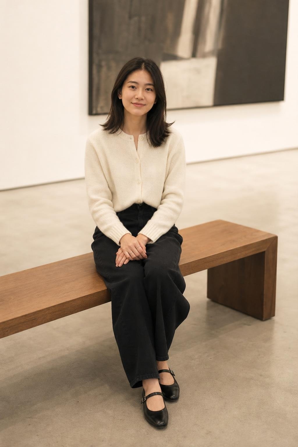 Ivory button cardigan, black barrel jeans, black Mary Janes, quiet art museum bench (option 1)
