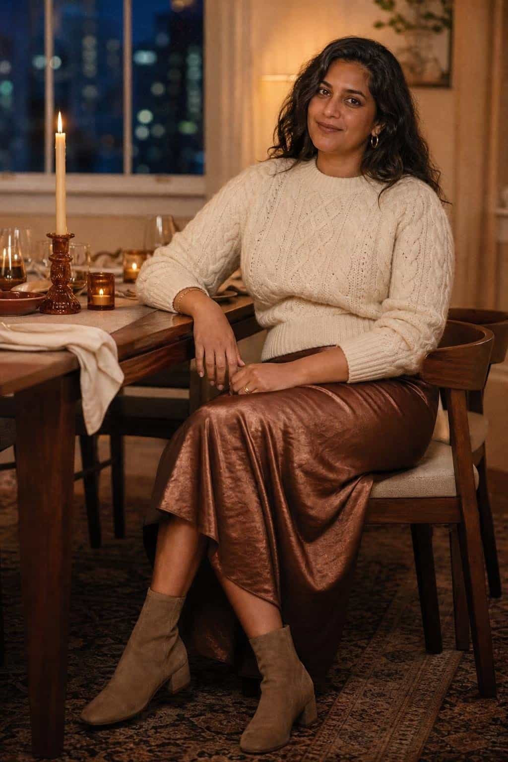 Ivory cable-knit sweater, bronze satin midi skirt, taupe ankle boots, candlelit casual dinner (option 2)