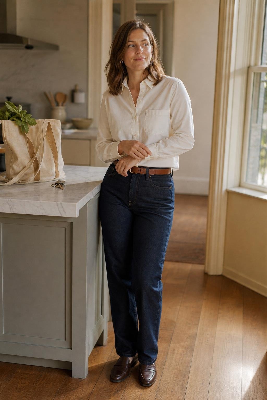 Ivory cotton button-down tucked into dark straight jeans, tan belt, loafers, relaxed kitchen-to-errands morning mood (option 1)