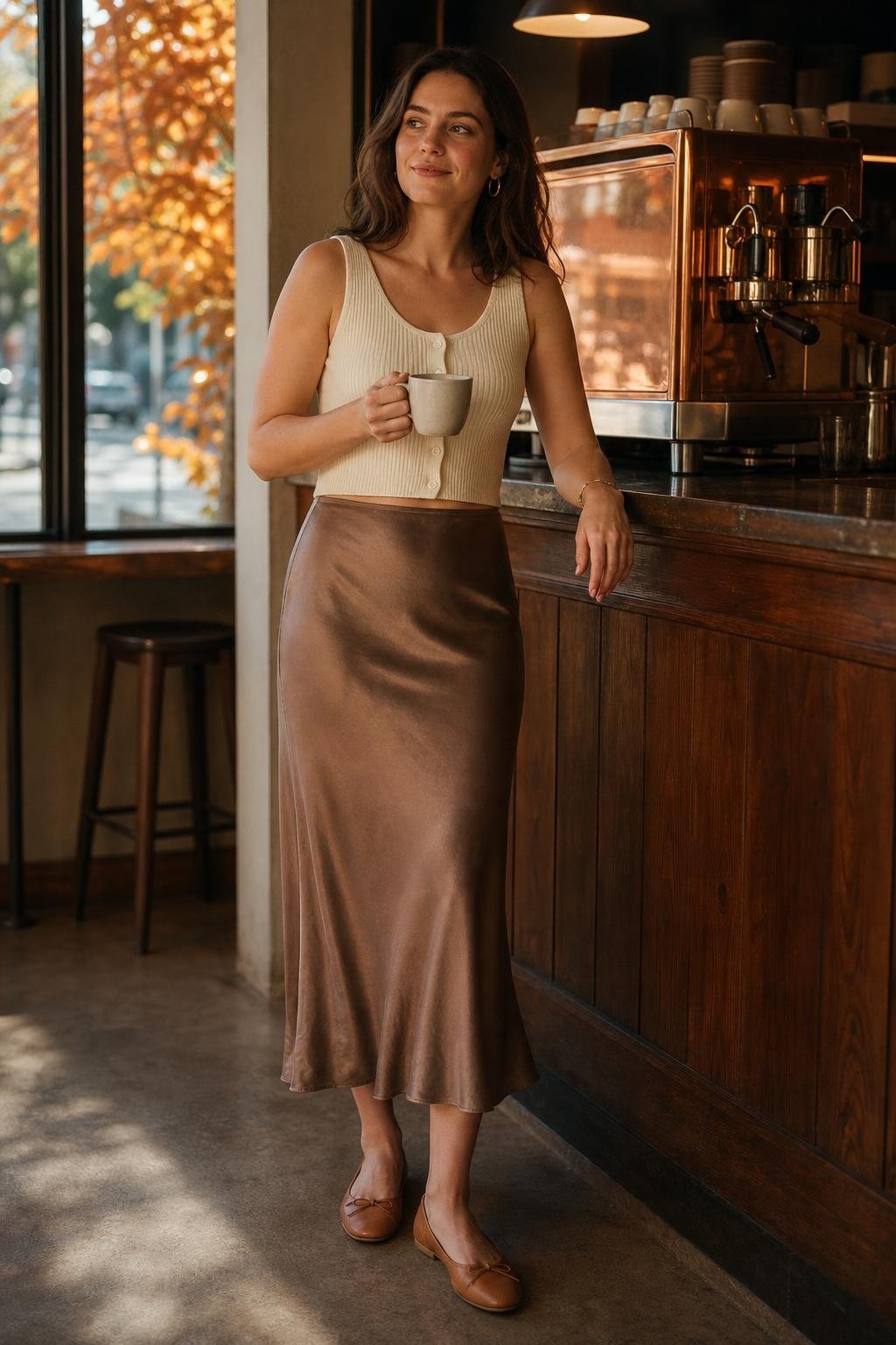 ivory cropped knit vest, mocha slip skirt, tan ballet flats, autumn coffee shop mood (option 2)