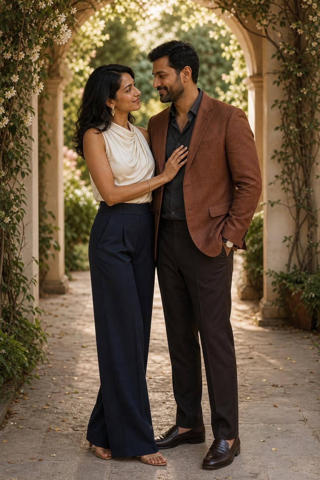 Ivory draped blouse with navy high-waist trousers and tan heels in a garden pavilion (option 2)