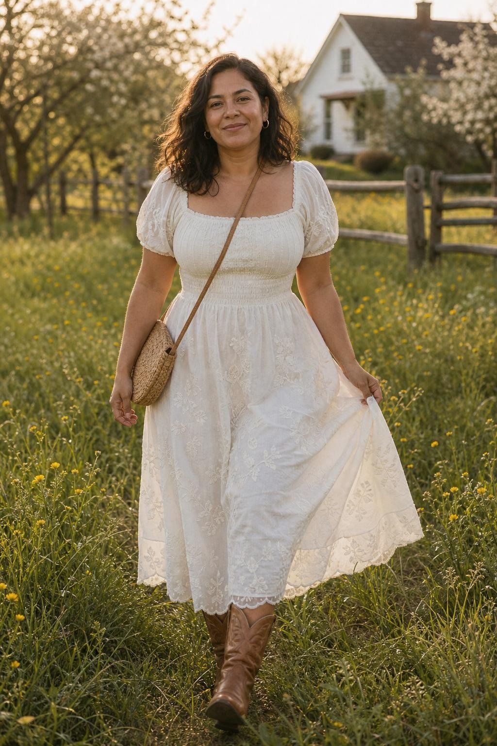 Ivory embroidered cotton dress with tan western-inspired boots in a meadow, romantic countryside outfit with grit (option 2)