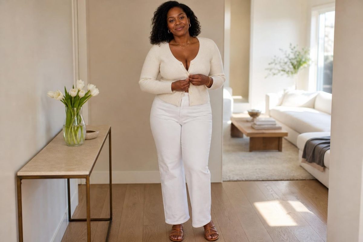 ivory knit cardigan, white straight jeans, tan sandals, gold jewelry, fresh apartment entryway with morning light (option 1)