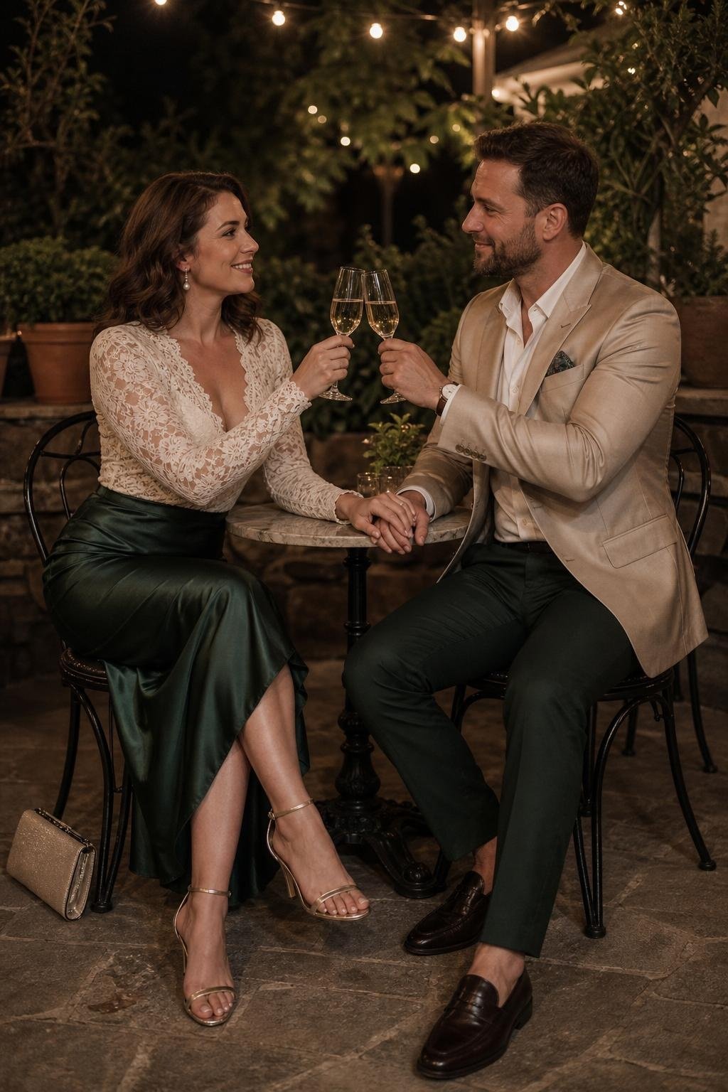 Ivory lace top, deep green satin skirt, champagne heels, anniversary dinner garden patio (option 1)