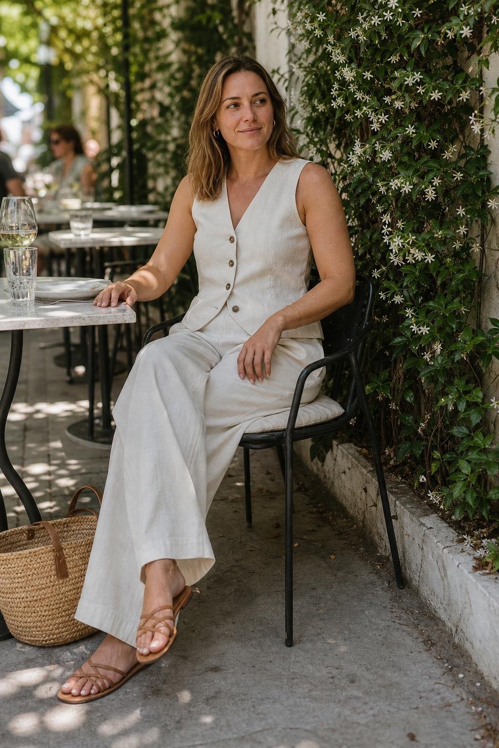 Ivory linen vest with wide-leg trousers, flat tan sandals, woven tote, relaxed lunch terrace scene (option 2)