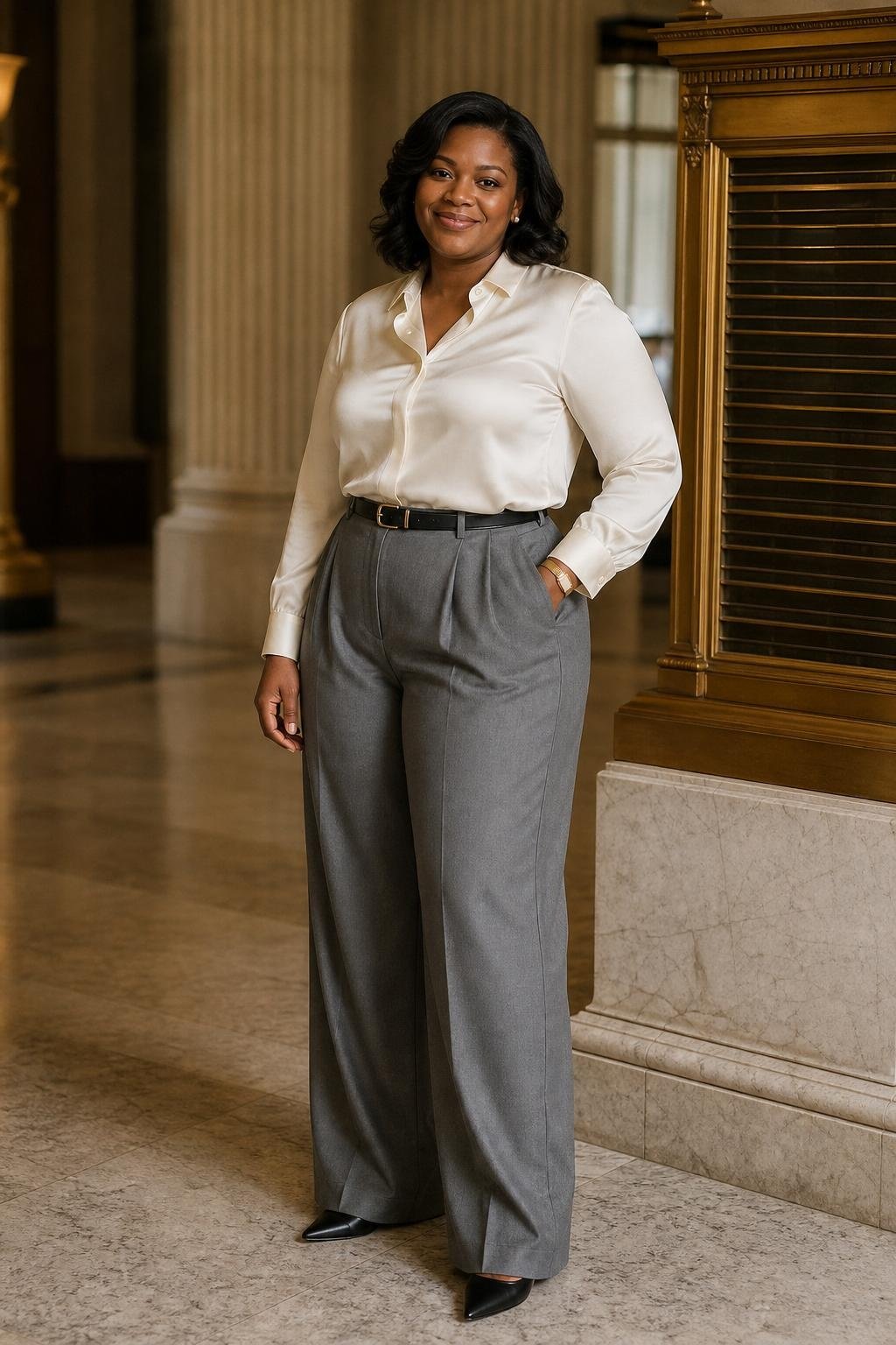 Ivory silk blouse, gray wide-leg wool trousers, black pointed flats, marble lobby with quiet formal mood (option 1)