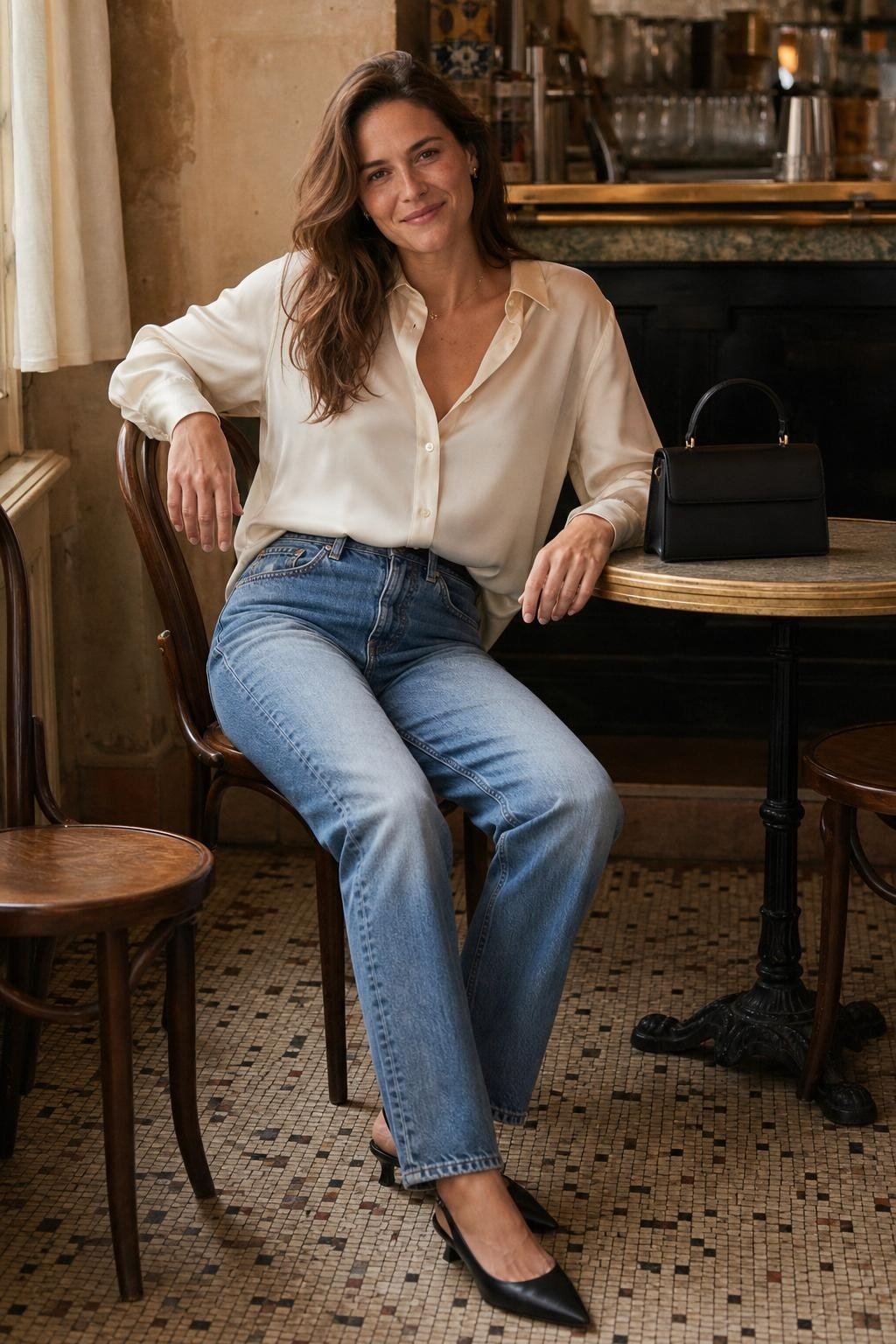 Ivory silk blouse, vintage-wash straight jeans, black slingback shoes, small top-handle bag in a bistro (option 1)