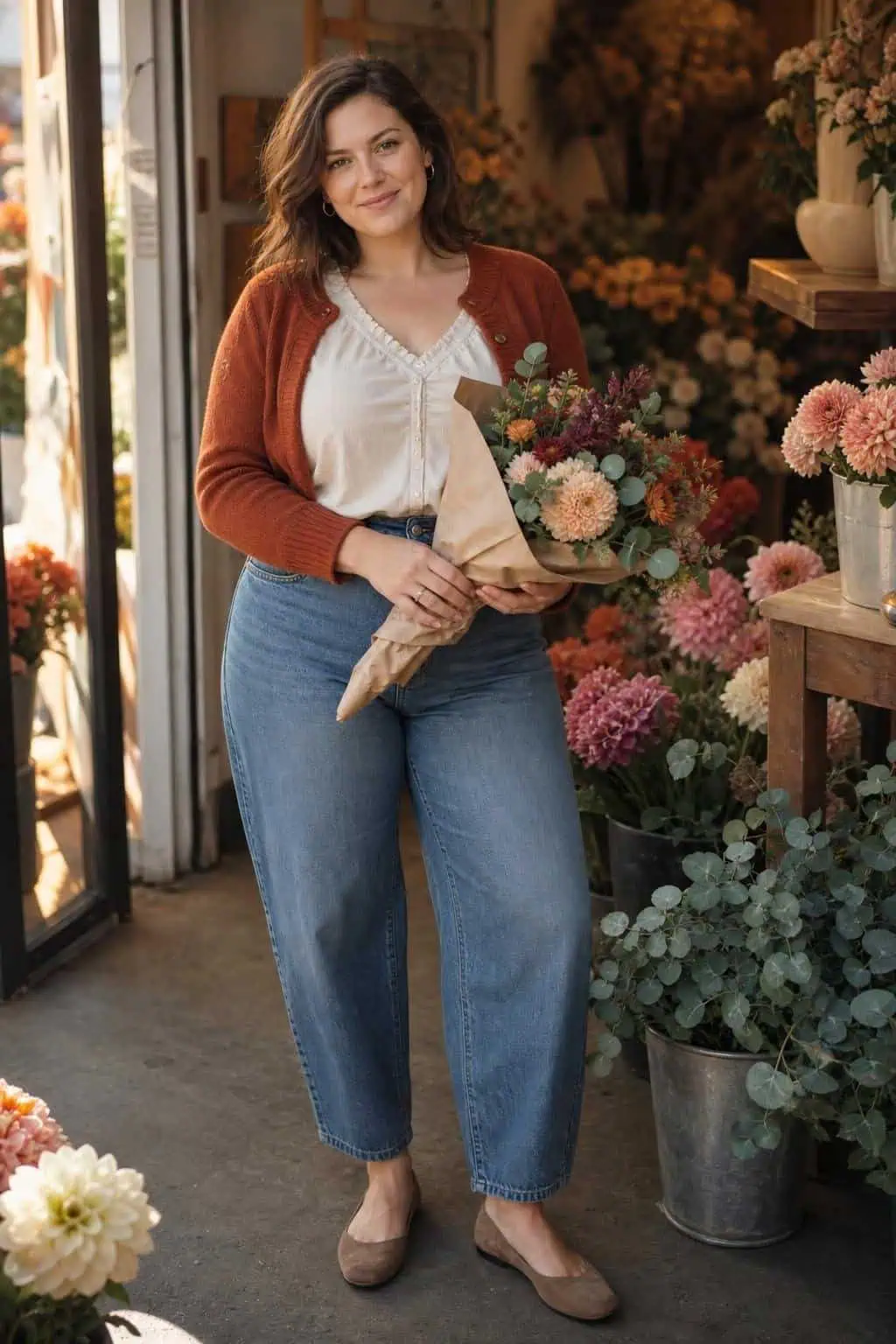 Ivory soft blouse, cropped rust cardigan, medium-wash barrel jeans, suede flats in a flower shop (option 2)