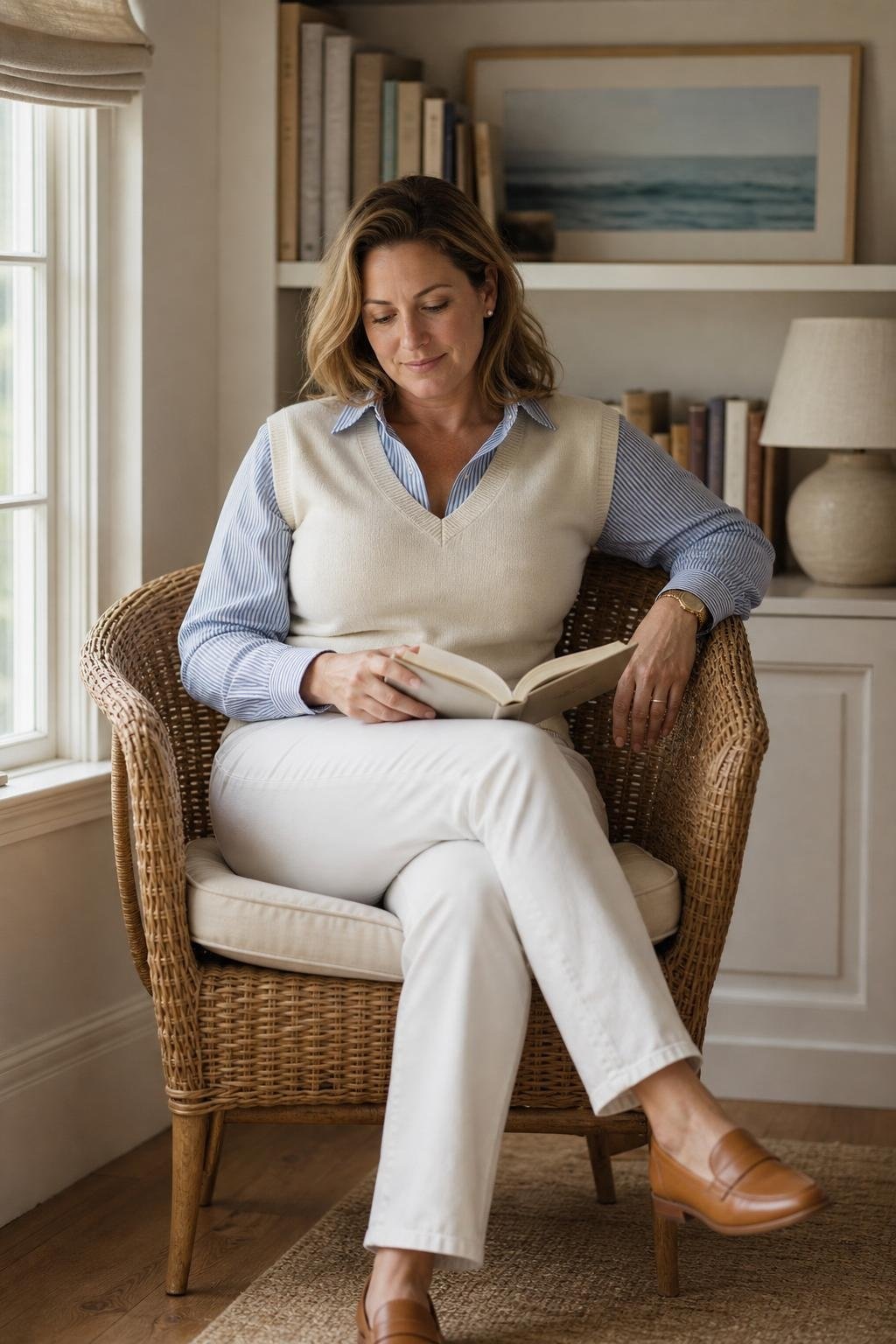Ivory sweater vest, blue striped shirt, white jeans, tan loafers in a cozy reading nook (option 1)