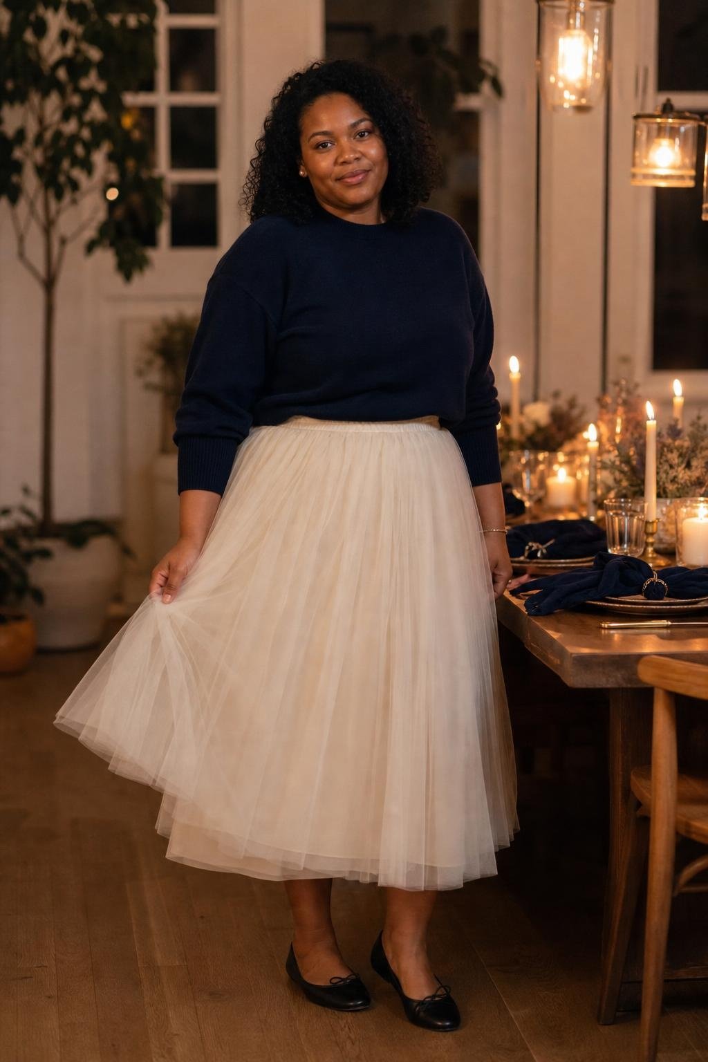 ivory tulle midi skirt, navy boxy crewneck sweater, black ballet flats, cozy dinner mood (option 1)