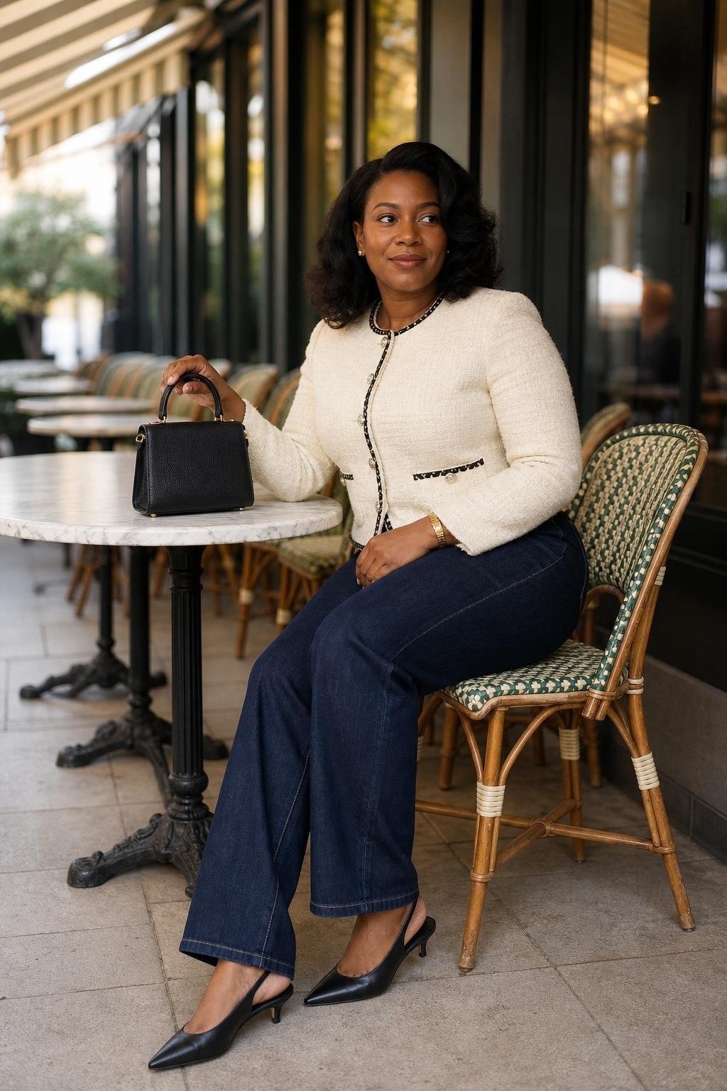 Ivory tweed jacket, dark straight-leg denim, black slingbacks, structured black bag, polished lunch terrace (option 1)