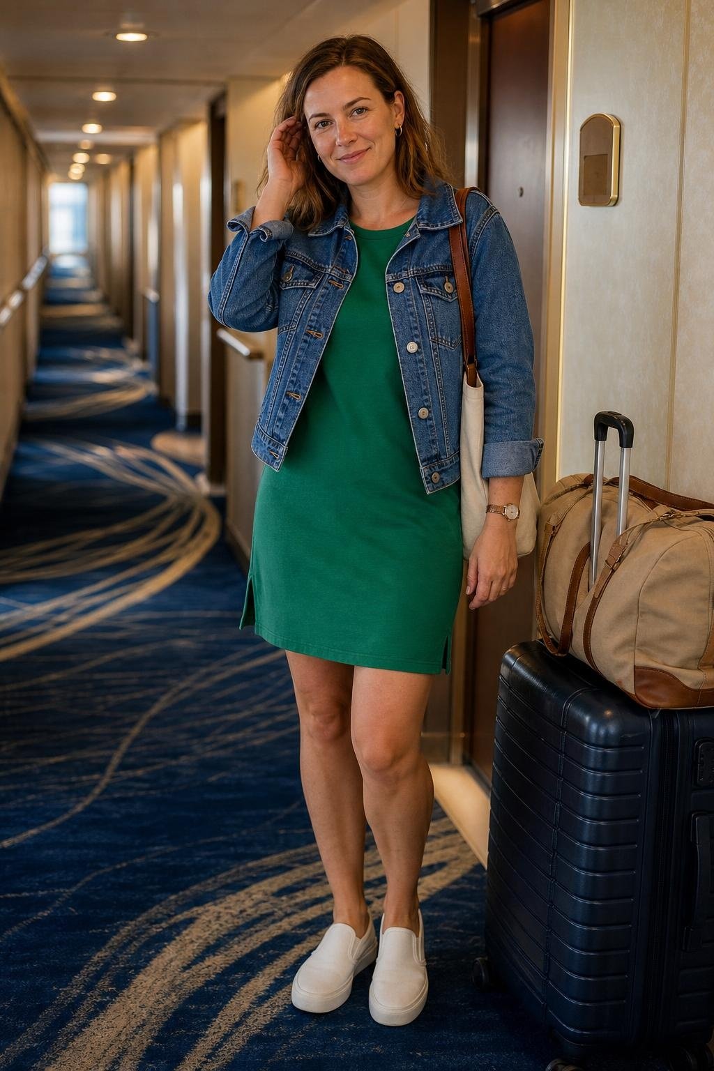 Kelly green tee dress with denim jacket and slip-on sneakers beside packed luggage in a cruise hallway (option 2)