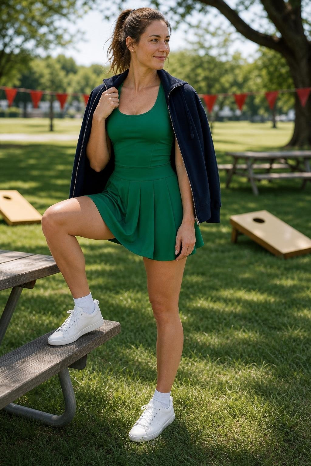 Kelly green tennis dress, navy zip sweatshirt, white court sneakers, community park games and picnic tables (option 2)