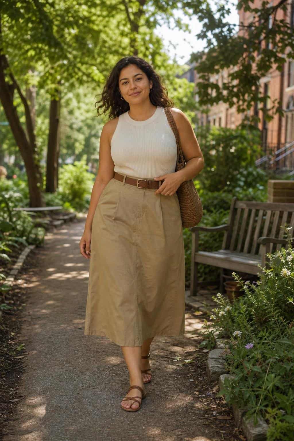 Khaki cotton midi skirt, ivory sleeveless knit top, brown belt, flat sandals, leafy city park walk (option 2)