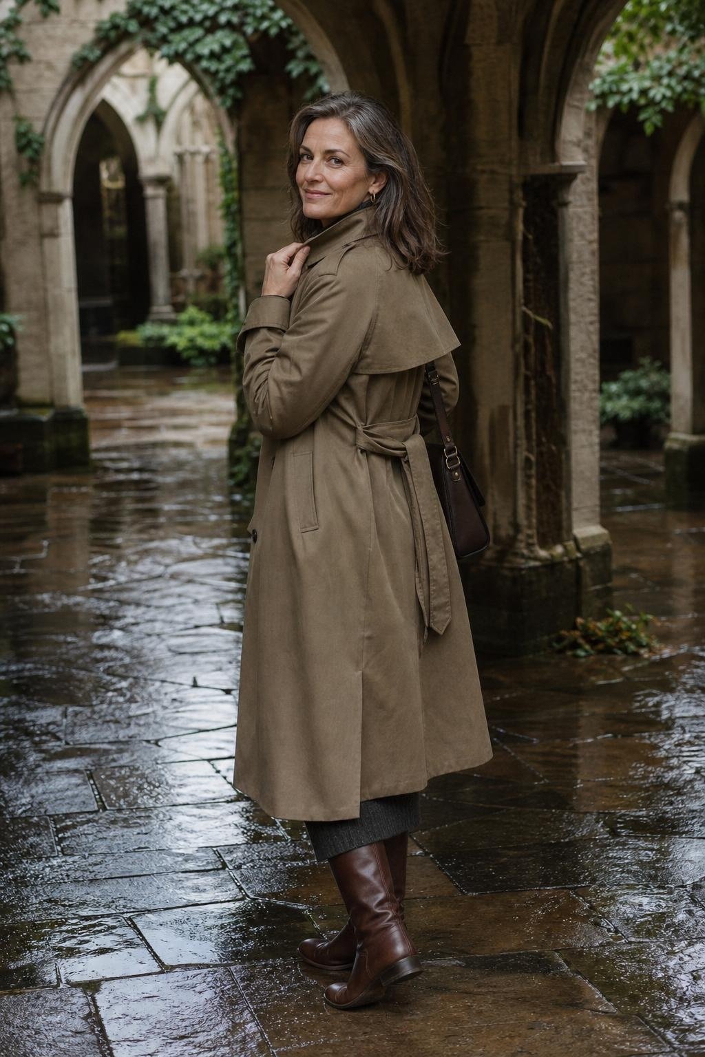 Khaki trench coat, dark knit sweater dress, tall brown boots, rainy courtyard with stone arches (option 2)