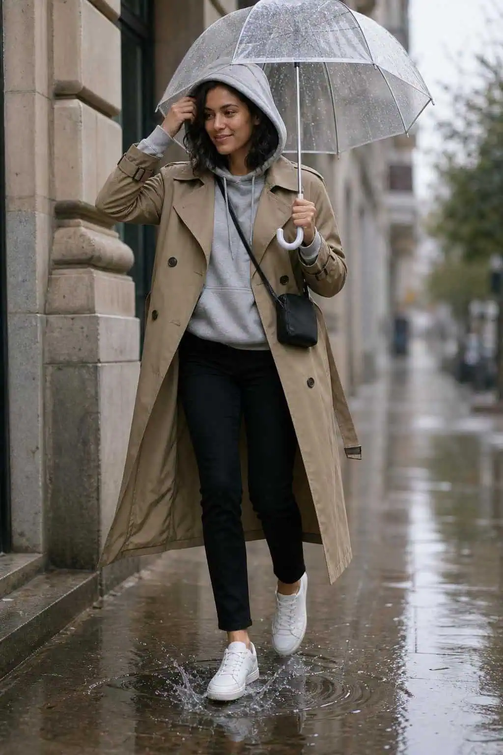 Khaki trench coat layered over gray hoodie, slim black pants, white sneakers, rainy city errand scene (option 2)