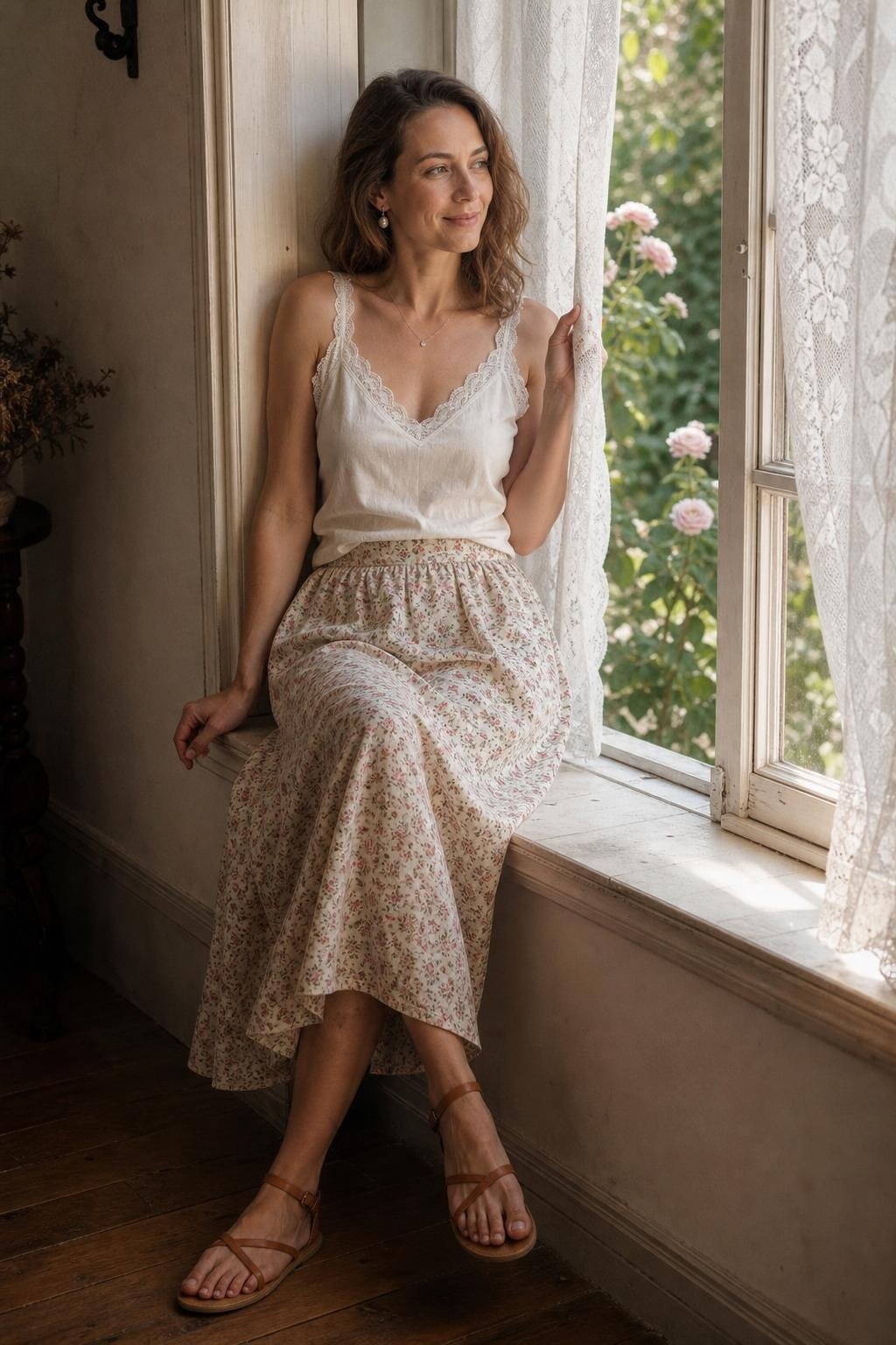 Lace-trim camisole with printed cotton midi skirt and flat sandals beside a cottage window, delicate airy summer look (option 2)